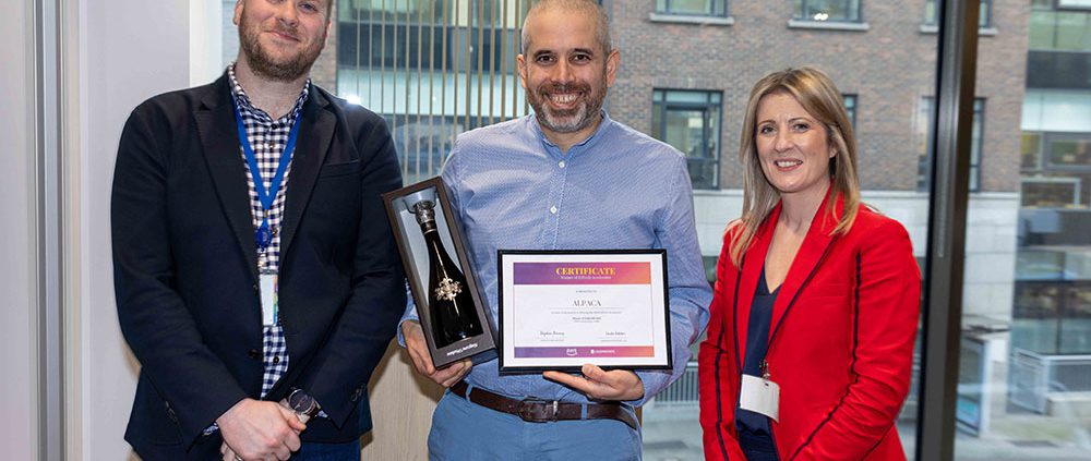Pictured at the EdTech Accelerator Pitch Day in Amazon Web Services (AWS) in Dublin last night were Stephen Bonney, AWS; Joe Fernandez, founder of ALPACA, the winner; and Linda Waters, Learnovate. The new EdTech Accelerator was organised by The Learnovate Centre in Trinity College Dublin in partnership with AWS.